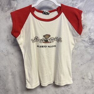 Vintage Monkey Floral Womens 'Baby Tee" Shirt 18x19.5 White Puerto Nuevo Mexico